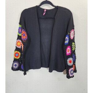 Sunshine Daydream Cardigan M Black Granny Square Crochet Sleeve Open Front Boho